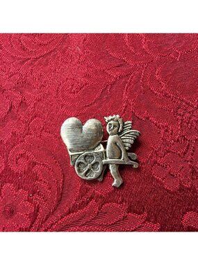 Vintage H&H Hand and Hammer Sterling Silver Cherub Cupid Heart Cart Brooch Pin